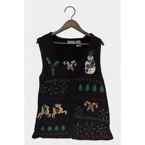 VTG BASIC EDITIONS W 2X Christmas Vest Snowman Reindeer Candy Cane‎ Ugly Sweater